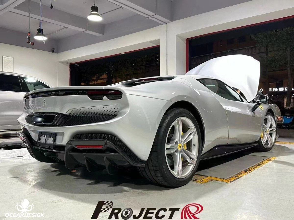 Ferrari 296 GTB OEM Style Dry Carbon Fiber Aero Kit – Front Corner Pieces, Side Skirts, Rear Lip, Rear Wing, Engine Cover, Engine Bay Trim, Center Console, Door Sills