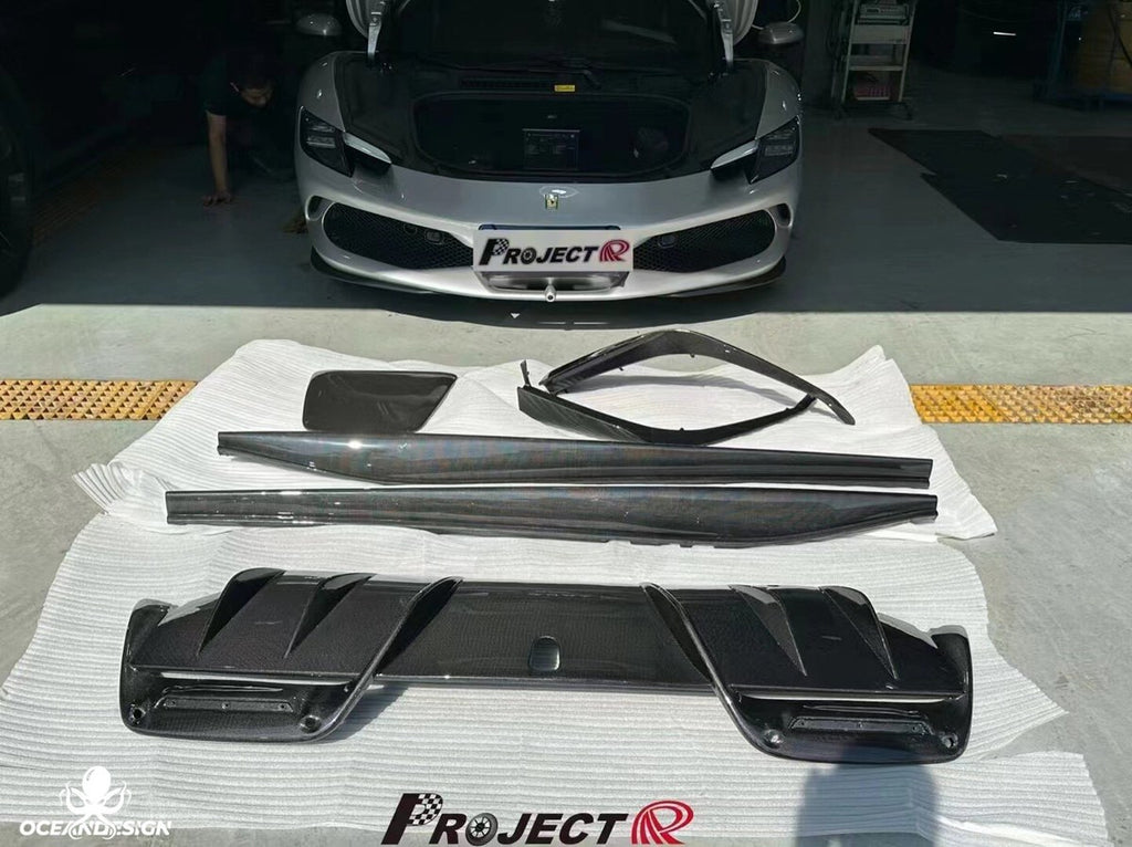 Ferrari 296 GTB OEM Style Dry Carbon Fiber Aero Kit – Front Corner Pieces, Side Skirts, Rear Lip, Rear Wing, Engine Cover, Engine Bay Trim, Center Console, Door Sills