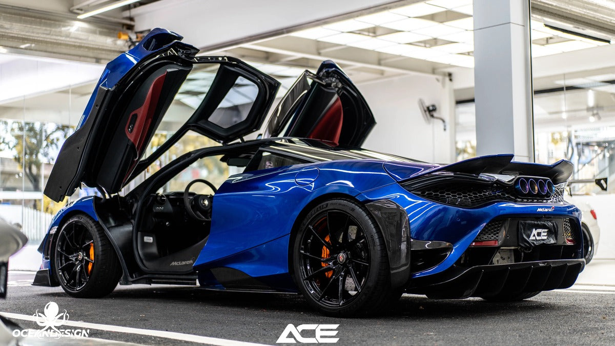 McLaren 720S 765LT-Style Dry Carbon Fiber Complete Aero Kit – Front & Rear Bumper / Wide Fenders / Side Skirts / Rear Wing / Front Lip / Hood