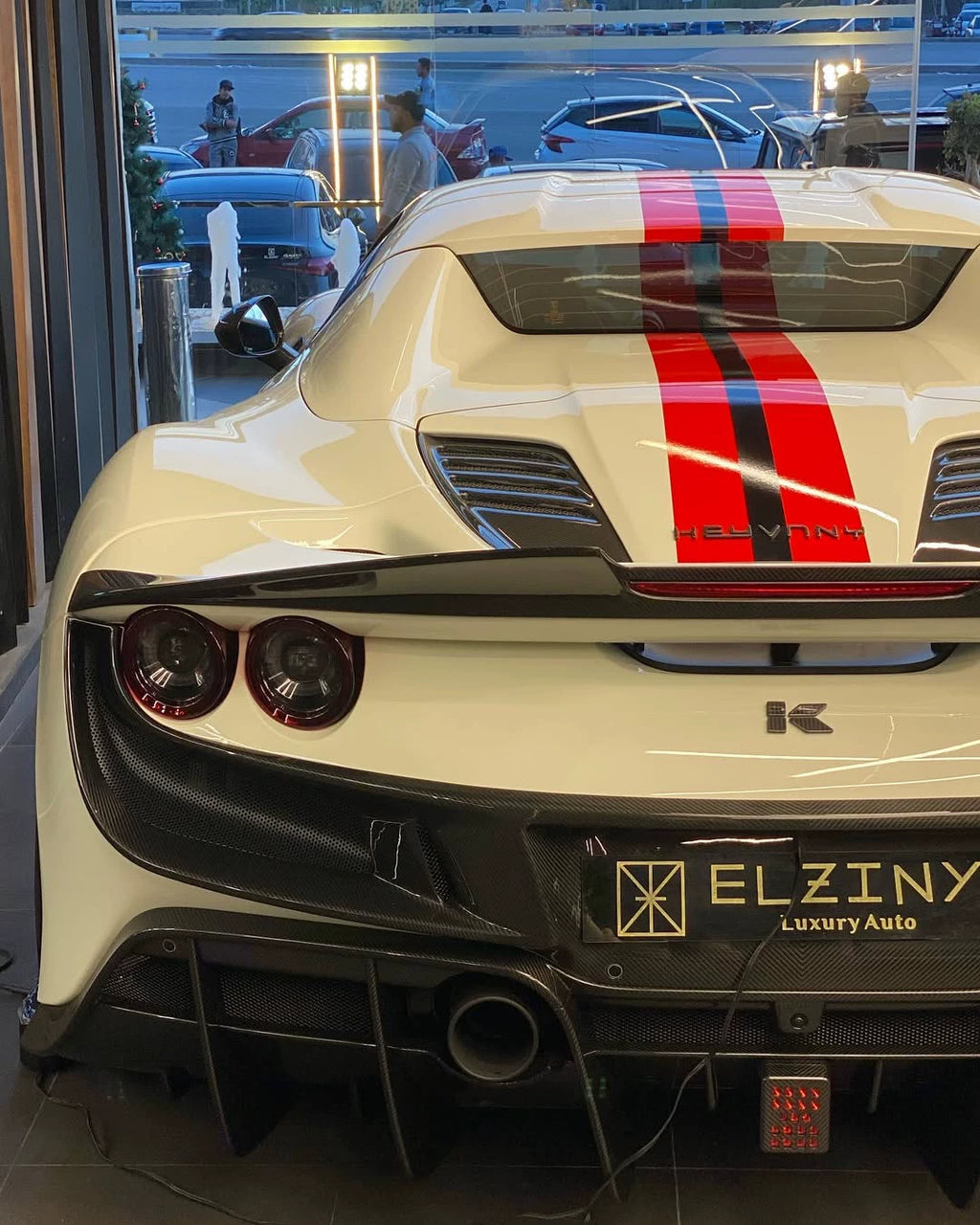 Ferrari F8 Tributo Keyvany-Style Dry Carbon Fiber Aero Kit – Front Lip, Side Skirts, Rear Lip, Wing & More