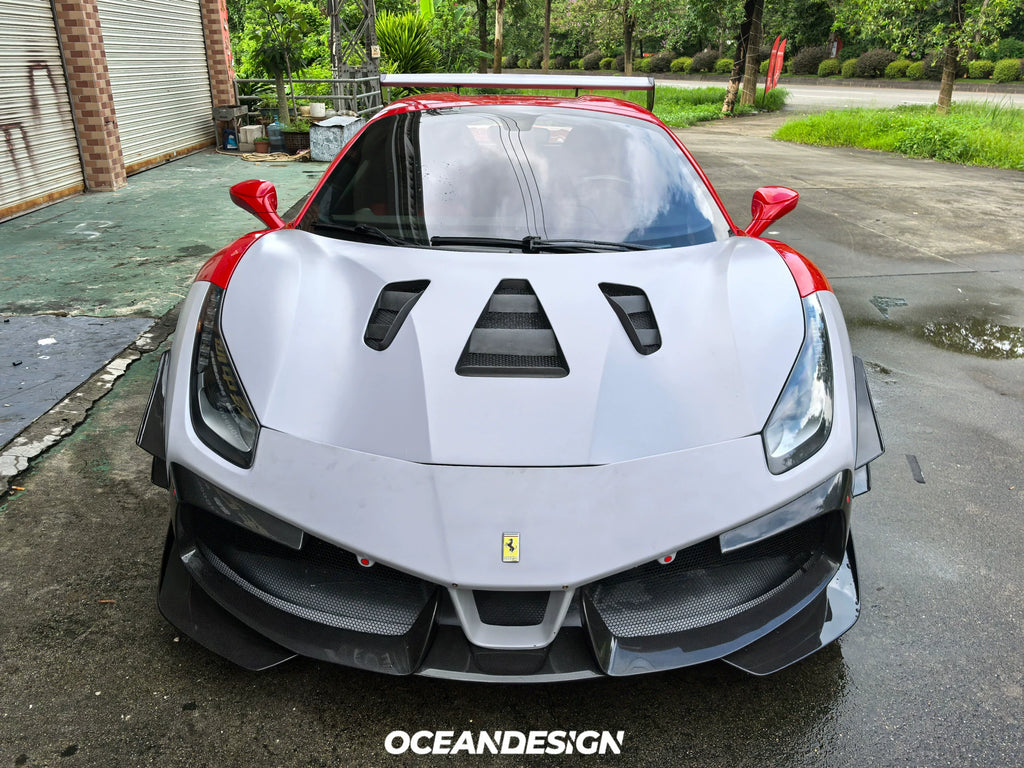 Ferrari 488 Challenge EVO-Style Dry Carbon Fiber Aero Kit – Front & Rear Bumpers, Hood, Side Skirts, Wing