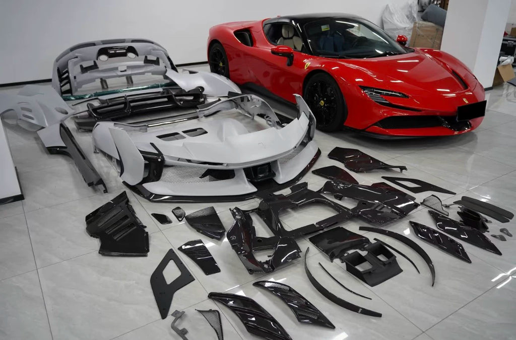 Ferrari SF90 XX-Style Dry Carbon Fiber Full Body Kit – Front & Rear Bumpers, Hood, Fenders, Wing