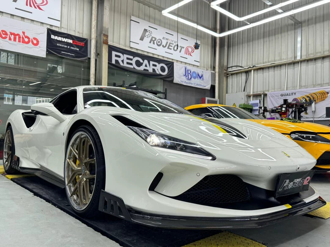 Ferrari F8 Tributo Keyvany-Style Dry Carbon Fiber Aero Kit – Front Lip, Side Skirts, Rear Lip, Wing & More