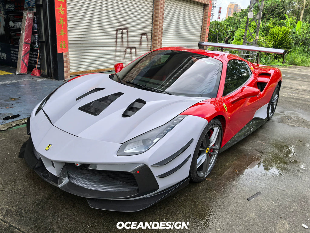 Ferrari 488 Challenge EVO-Style Dry Carbon Fiber Aero Kit – Front & Rear Bumpers, Hood, Side Skirts, Wing