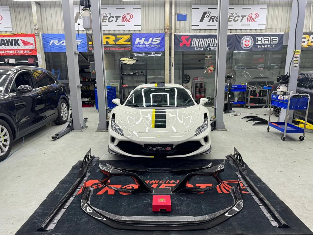 Ferrari F8 Tributo Keyvany-Style Dry Carbon Fiber Aero Kit – Front Lip, Side Skirts, Rear Lip, Wing & More