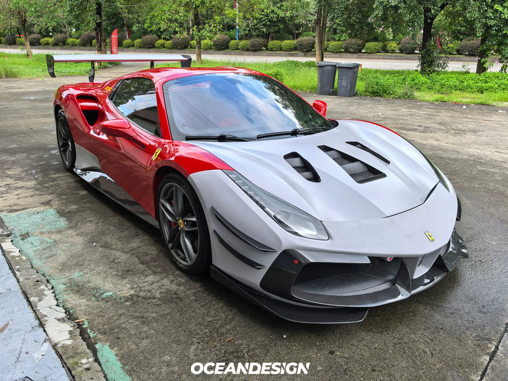 Ferrari 488 Challenge EVO-Style Dry Carbon Fiber Aero Kit – Front & Rear Bumpers, Hood, Side Skirts, Wing