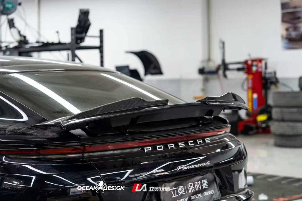 Porsche Panamera 2024+ Ocean Design-Style Dry Carbon Fiber Aero Kit – Front Lip, Side Skirts, Hood, Wing & More