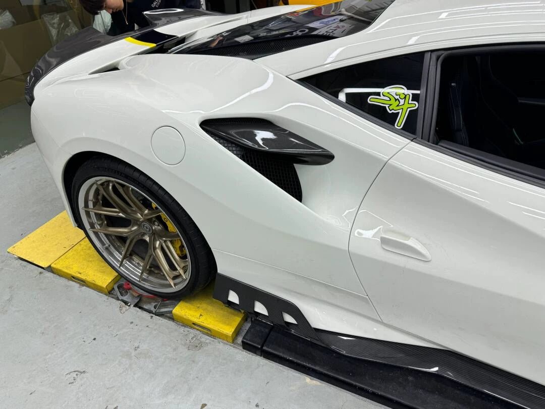 Ferrari F8 Tributo Keyvany-Style Dry Carbon Fiber Aero Kit – Front Lip, Side Skirts, Rear Lip, Wing & More