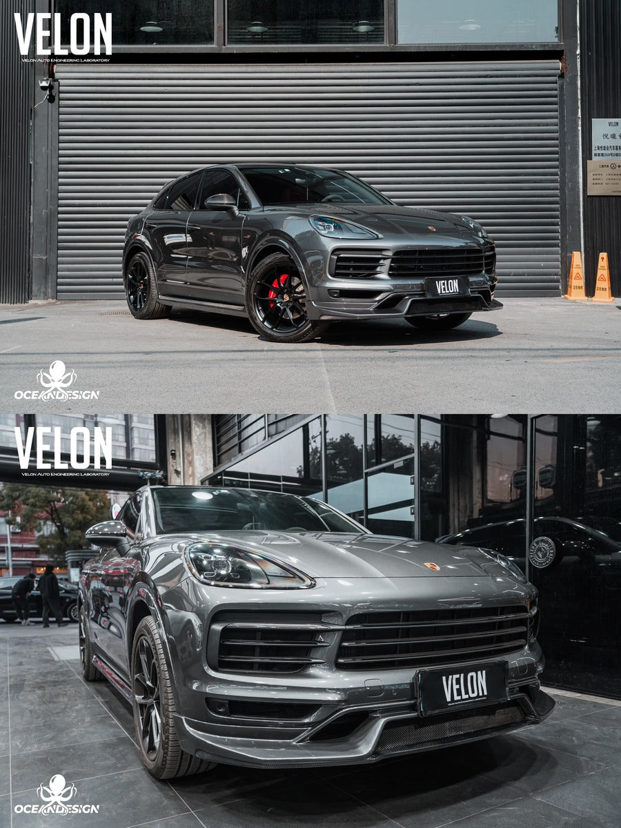 Porsche Cayenne OD-style carbon fiber aero kit – front lip, side skirts, rear wing, fender arches