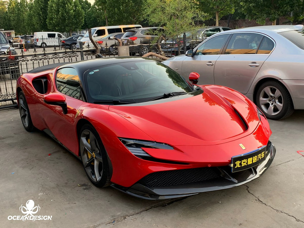 Ferrari SF90 OEM Style Dry Carbon Fiber Aero Kit – Front Lip, Side Skirts, Rear Lip, Track Wing, Engine Bay Trim, Mirror Covers, Door Panels, Fender Flares