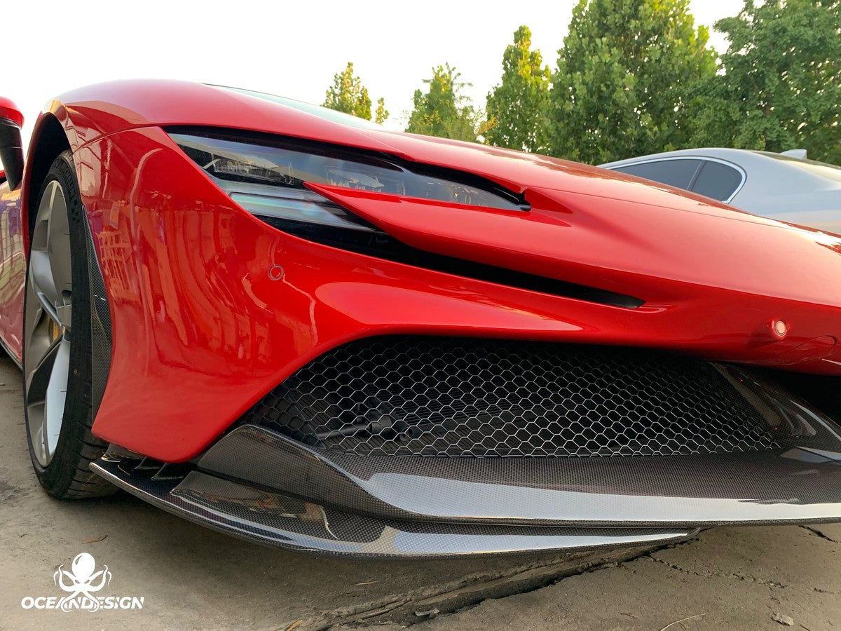 Ferrari SF90 OEM Style Dry Carbon Fiber Aero Kit – Front Lip, Side Skirts, Rear Lip, Track Wing, Engine Bay Trim, Mirror Covers, Door Panels, Fender Flares