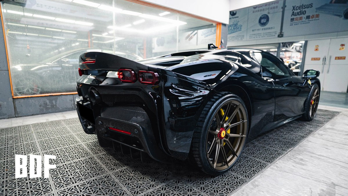 Ferrari SF90 OEM Style Dry Carbon Fiber Aero Kit – Front Lip, Side Skirts, Rear Lip, Track Wing, Engine Bay Trim, Mirror Covers, Door Panels, Fender Flares