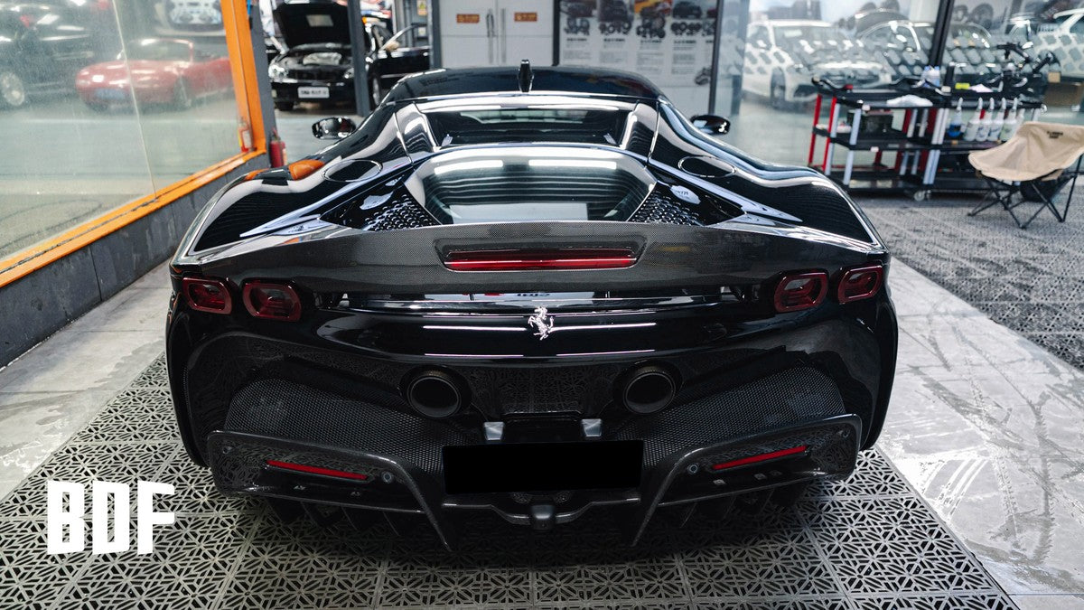 Ferrari SF90 OEM Style Dry Carbon Fiber Aero Kit – Front Lip, Side Skirts, Rear Lip, Track Wing, Engine Bay Trim, Mirror Covers, Door Panels, Fender Flares