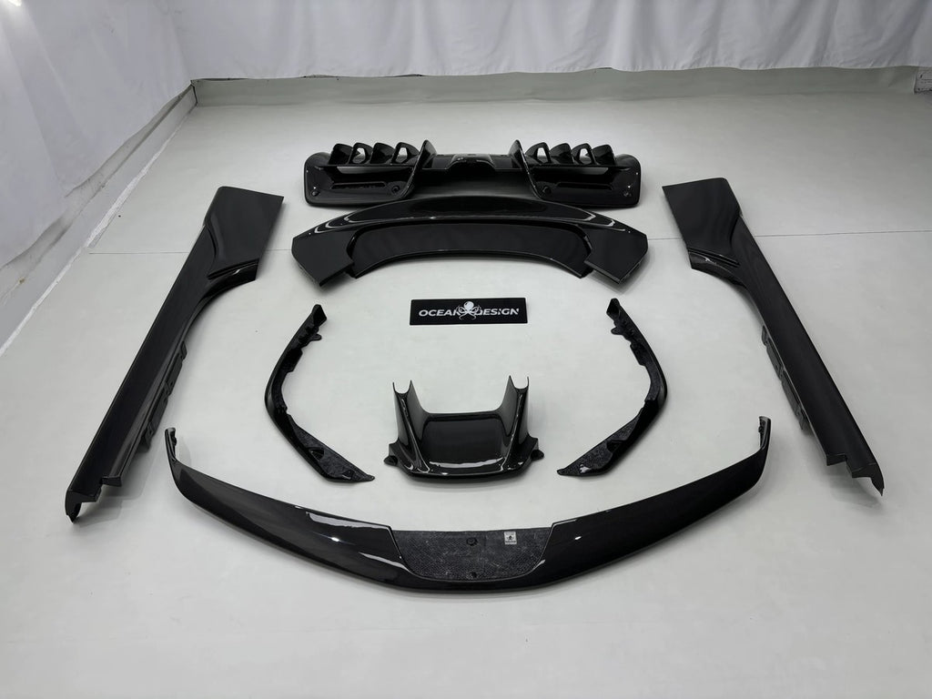 Ferrari SF90 OEM Style Dry Carbon Fiber Aero Kit – Front Lip, Side Skirts, Rear Lip, Track Wing, Engine Bay Trim, Mirror Covers, Door Panels, Fender Flares