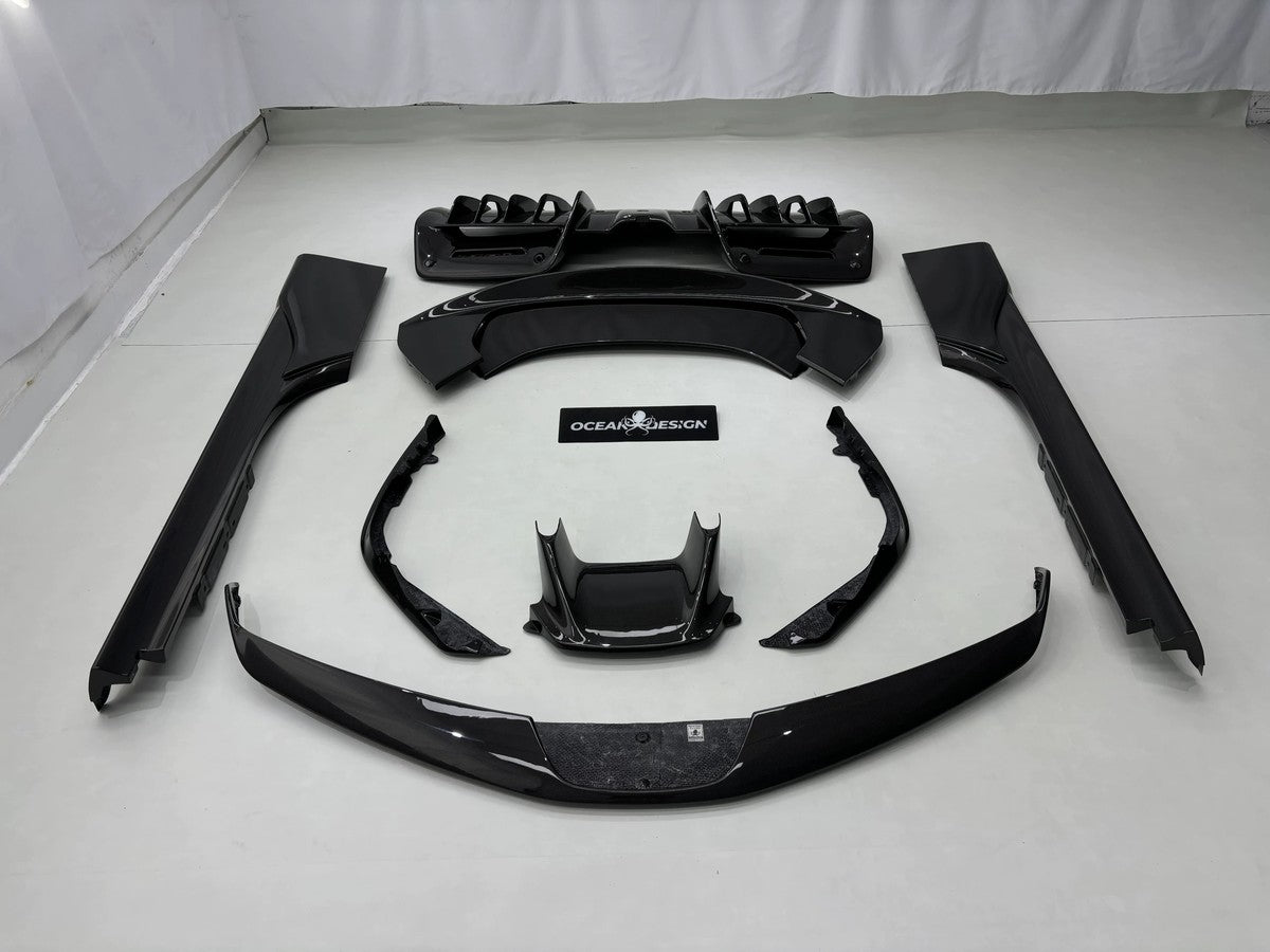 Ferrari SF90 OEM Style Dry Carbon Fiber Aero Kit – Front Lip, Side Skirts, Rear Lip, Track Wing, Engine Bay Trim, Mirror Covers, Door Panels, Fender Flares