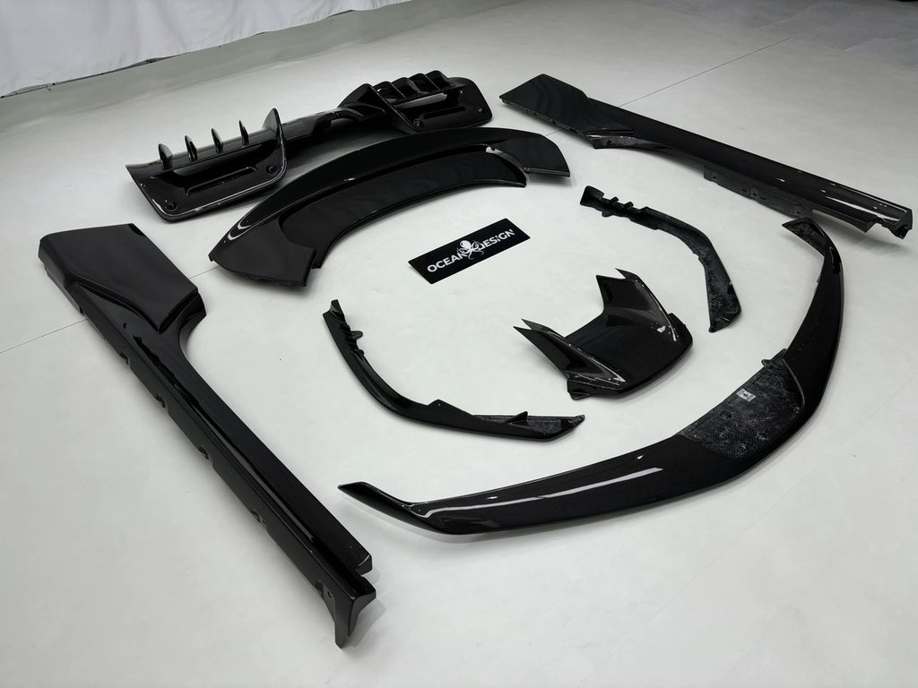 Ferrari SF90 OEM Style Dry Carbon Fiber Aero Kit – Front Lip, Side Skirts, Rear Lip, Track Wing, Engine Bay Trim, Mirror Covers, Door Panels, Fender Flares