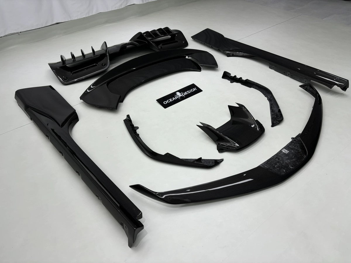 Ferrari SF90 OEM Style Dry Carbon Fiber Aero Kit – Front Lip, Side Skirts, Rear Lip, Track Wing, Engine Bay Trim, Mirror Covers, Door Panels, Fender Flares