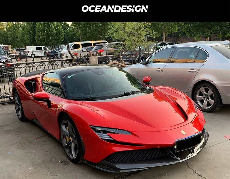 Ferrari SF90 OEM Style Dry Carbon Fiber Aero Kit – Front Lip, Side Skirts, Rear Lip, Track Wing, Engine Bay Trim, Mirror Covers, Door Panels, Fender Flares