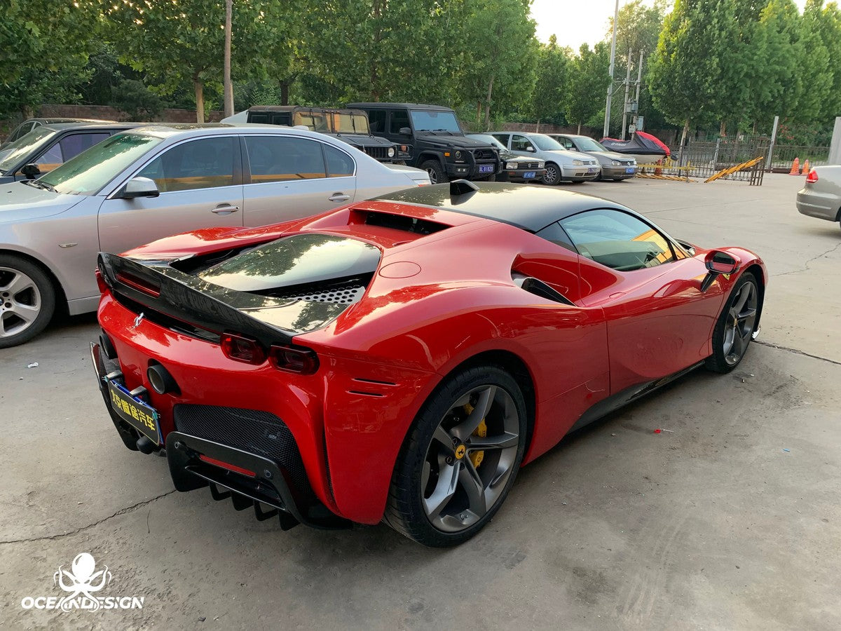 Ferrari SF90 OEM Style Dry Carbon Fiber Aero Kit – Front Lip, Side Skirts, Rear Lip, Track Wing, Engine Bay Trim, Mirror Covers, Door Panels, Fender Flares