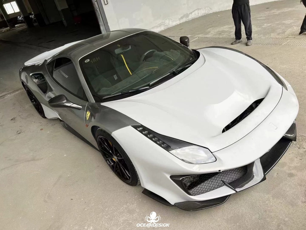 Ferrari 488 Pista Style Dry Carbon Fiber Full Aero Kit – Front Bumper, Rear Bumper, Hood, Side Skirts, Rear Wing, Front & Rear Lips