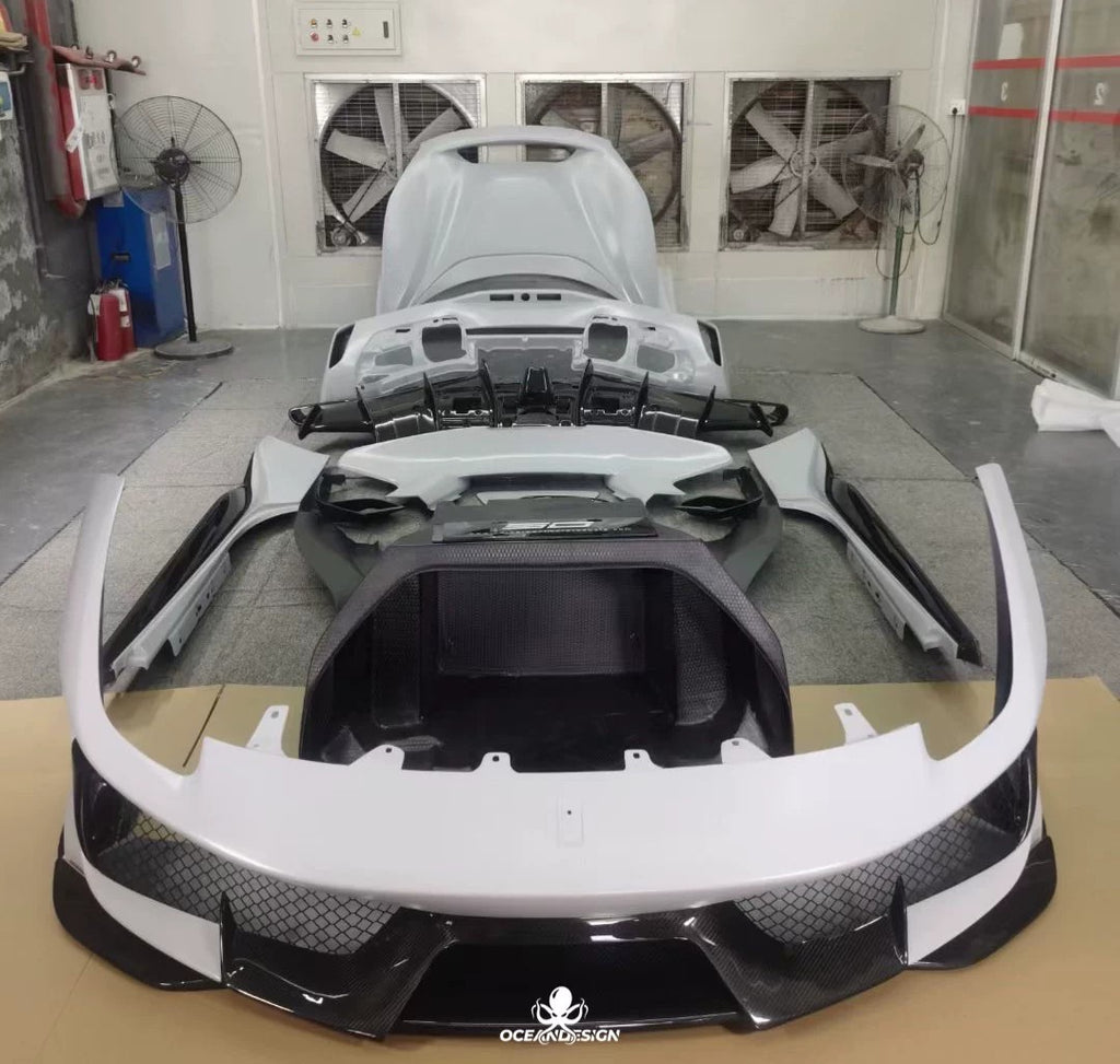 Ferrari 488 Pista Style Dry Carbon Fiber Full Aero Kit – Front Bumper, Rear Bumper, Hood, Side Skirts, Rear Wing, Front & Rear Lips