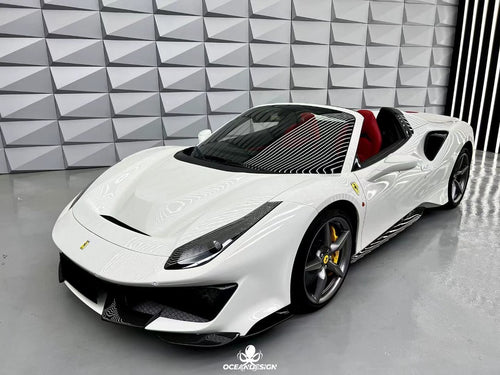 Ferrari 488 Pista Style Dry Carbon Fiber Full Aero Kit – Front Bumper, Rear Bumper, Hood, Side Skirts, Rear Wing, Front & Rear Lips