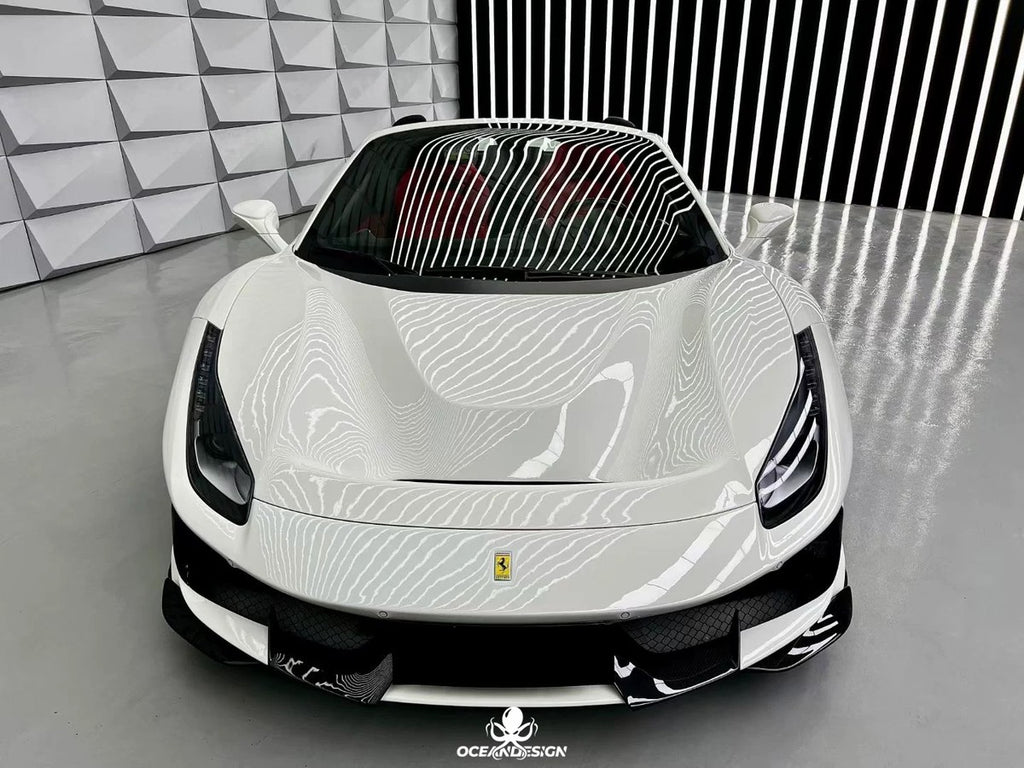 Ferrari 488 Pista Style Dry Carbon Fiber Full Aero Kit – Front Bumper, Rear Bumper, Hood, Side Skirts, Rear Wing, Front & Rear Lips