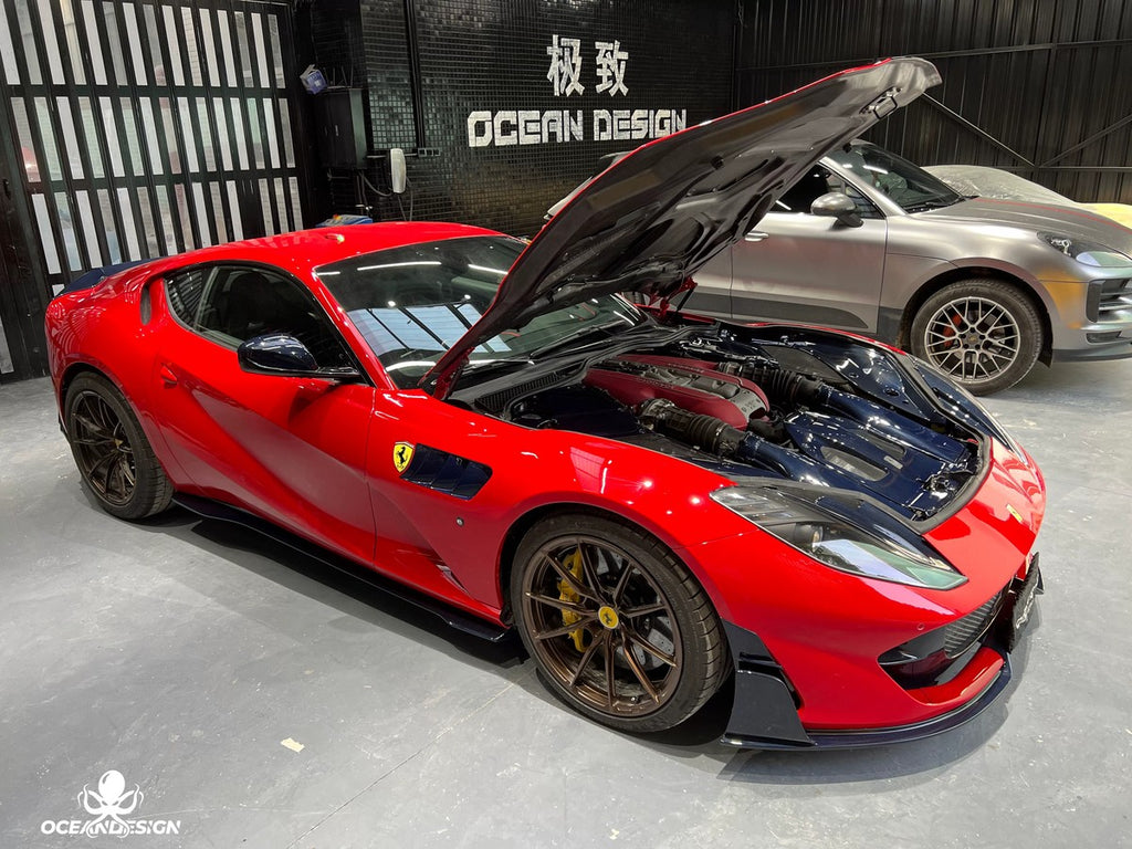 Ferrari 812 M-Style Dry Carbon Fiber Aero Kit – Front Lip, Side Skirts, Rear Lip, Hood, Rear Wing, Fender Flares, Engine Bay Trim