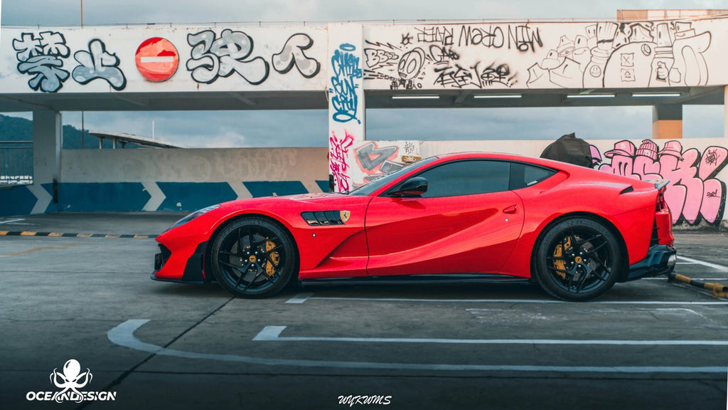 Ferrari 812 M-Style Dry Carbon Fiber Aero Kit – Front Lip, Side Skirts, Rear Lip, Hood, Rear Wing, Fender Flares, Engine Bay Trim