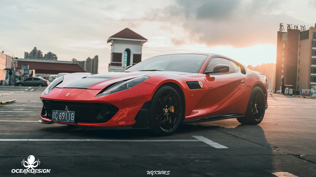 Ferrari 812 M-Style Dry Carbon Fiber Aero Kit – Front Lip, Side Skirts, Rear Lip, Hood, Rear Wing, Fender Flares, Engine Bay Trim