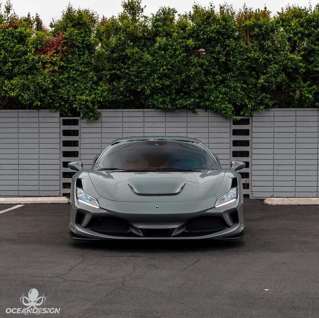 Ferrari F8 OEM Style Dry Carbon Fiber Aero Kit – Front Lip, Rear Lip, Side Skirts, Side Vents, Mirror Covers, Engine Interior Trim