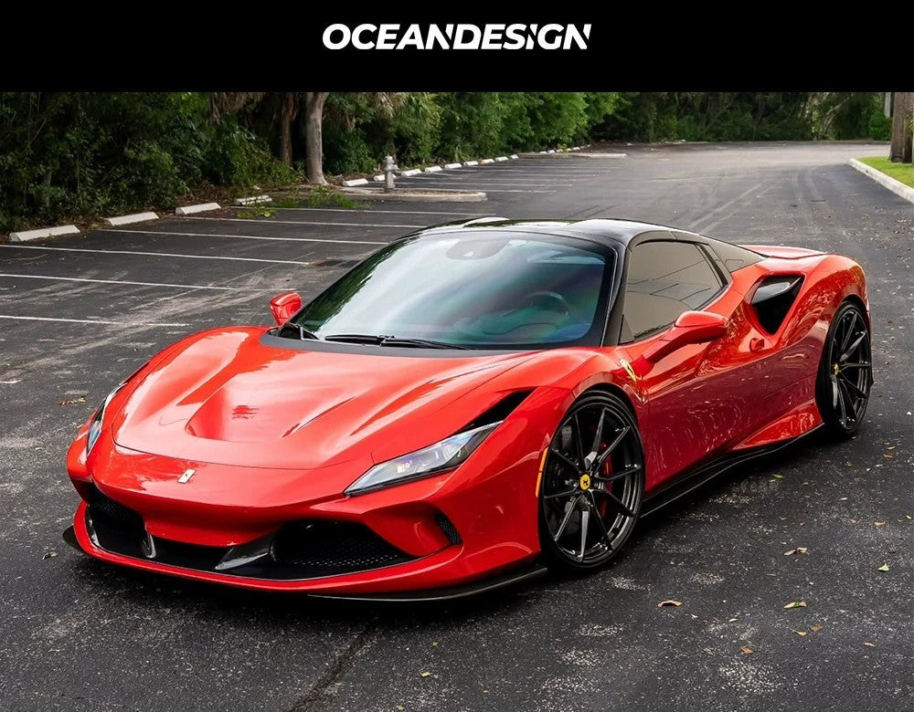 Ferrari F8 Tributo dry carbon fiber aero kit OEM style – front lip, rear lip, side skirts