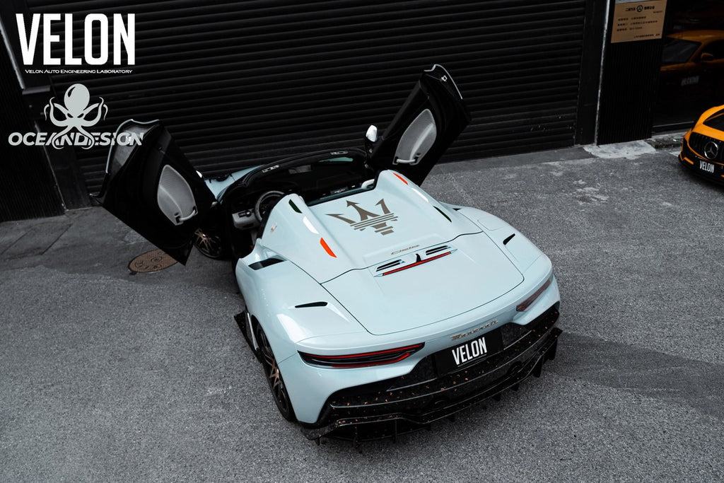 Maserati MC20 SD Style Dry Carbon Fiber Aero Kit – Front Lip, Rear Lip, Side Skirts, GT Wing, Engine Bay Trim, Fender Trim, Mirror Covers