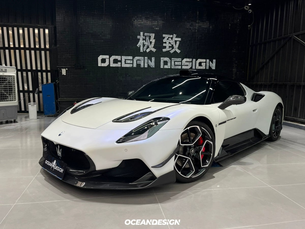 Maserati MC20 SD Style Dry Carbon Fiber Aero Kit – Front Lip, Rear Lip, Side Skirts, GT Wing, Engine Bay Trim, Fender Trim, Mirror Covers