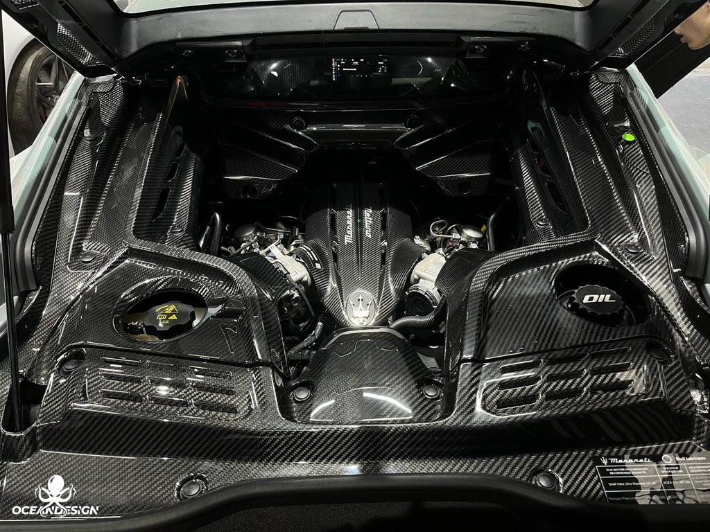 Maserati MC20 OEM Style Dry Carbon Fiber Aero Kit – Front Lip, Side Skirts, Rear Lip, Rear Wing, Engine Bay Trim, Mirror Covers