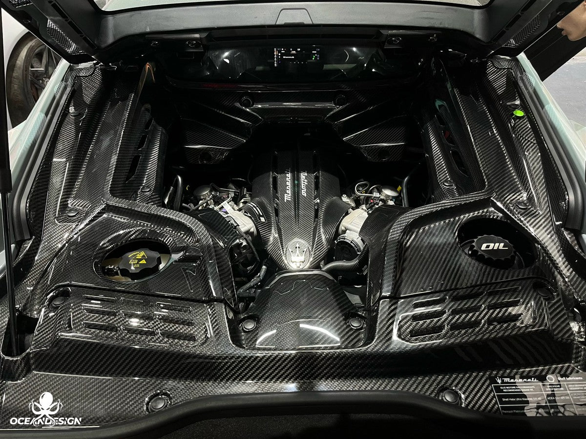 Maserati MC20 OEM Style Dry Carbon Fiber Aero Kit – Front Lip, Side Skirts, Rear Lip, Rear Wing, Engine Bay Trim, Mirror Covers