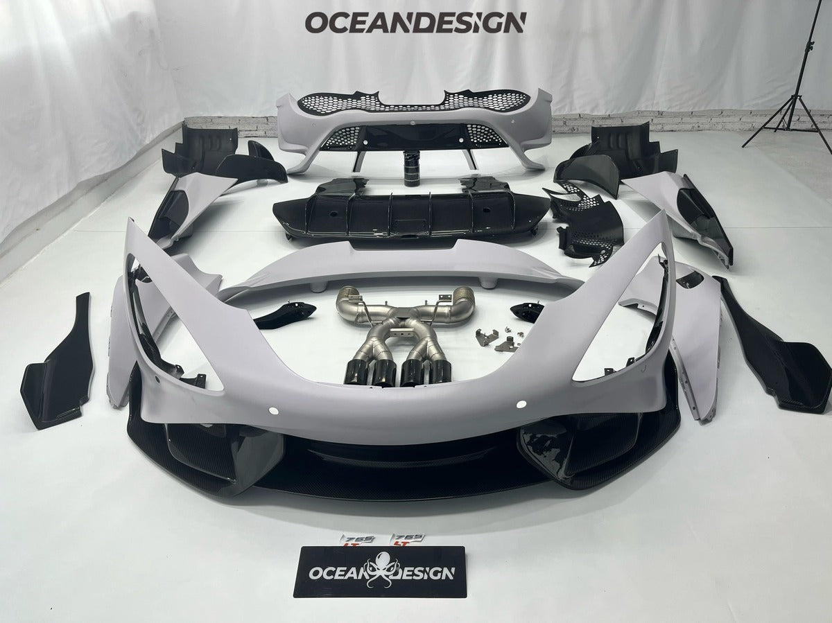 McLaren 720S 765LT-Style Dry Carbon Fiber Complete Aero Kit – Front & Rear Bumper / Wide Fenders / Side Skirts / Rear Wing / Front Lip / Hood