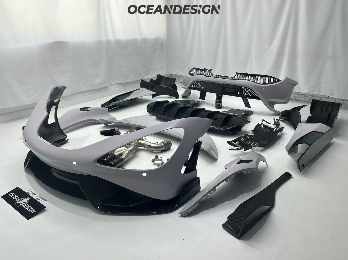 McLaren 720S 765LT-Style Dry Carbon Fiber Complete Aero Kit – Front & Rear Bumper / Wide Fenders / Side Skirts / Rear Wing / Front Lip / Hood